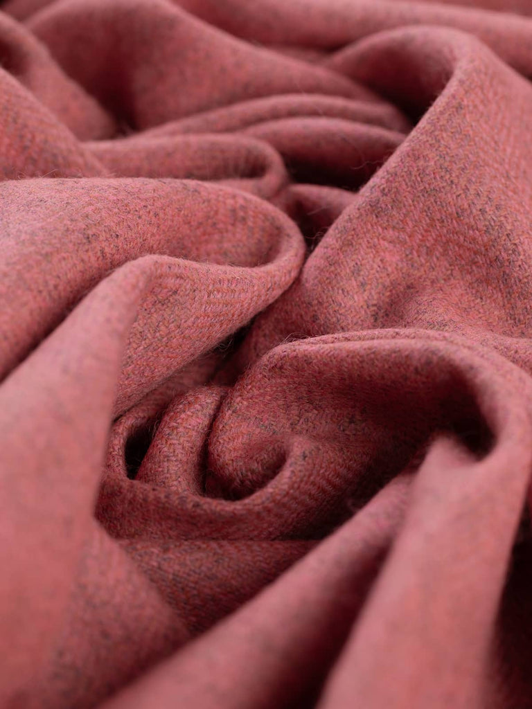 Twist of Autumn Blush Yorkshire Tweed Herringbone, 100% lambswool, 290gsm, showing marled grey and soft blush-pink yarns in a delicate chevron weave inspired by early autumn sunrise tones
