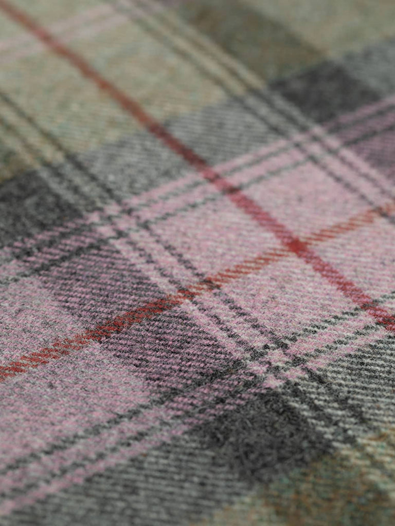 Angled flat view of Heathshore Mist Heritage Plaid, medium-weight wool tweed with 25cm x 27cm repeat, highlighting romantic moorland-inspired colours and rugged yet cosy texture