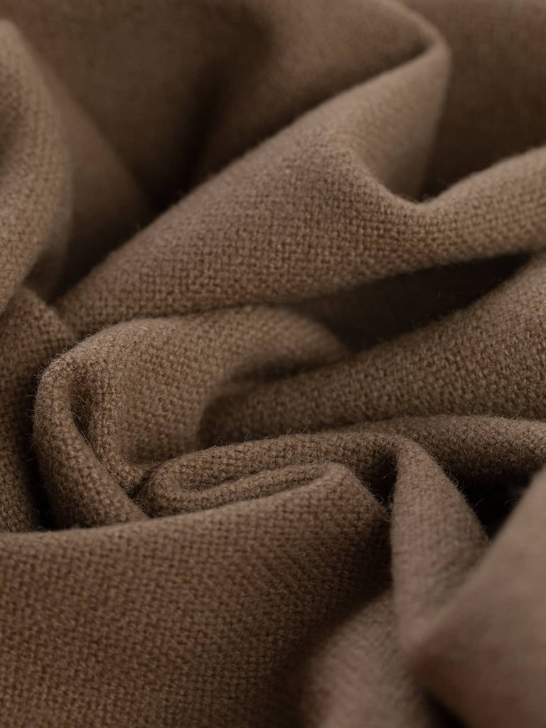 Twist of Claystone Beige 100% wool hopsack, highlighting cosy brushed texture, medium weight handle, and earthy latte-hued colour depth