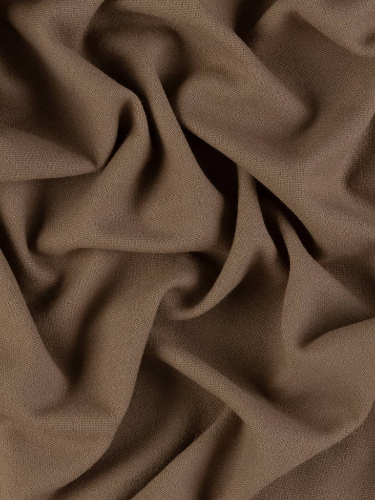 Twist of Claystone Beige 100% wool hopsack, highlighting cosy brushed texture, medium weight handle, and earthy latte-hued colour depth