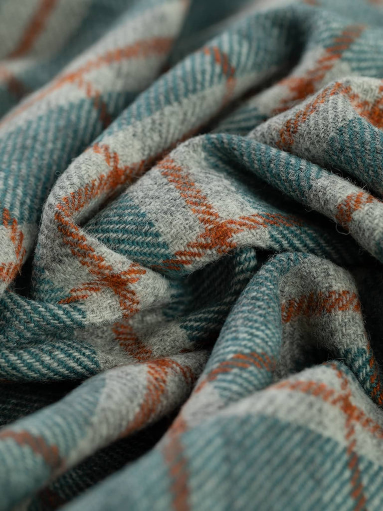 Twist of Sea View Yorkshire Windowpane Check, 100% wool, 154cm wide, showing Loden green and teal melange with marled grey base and warm Cedarwood overcheck lines
