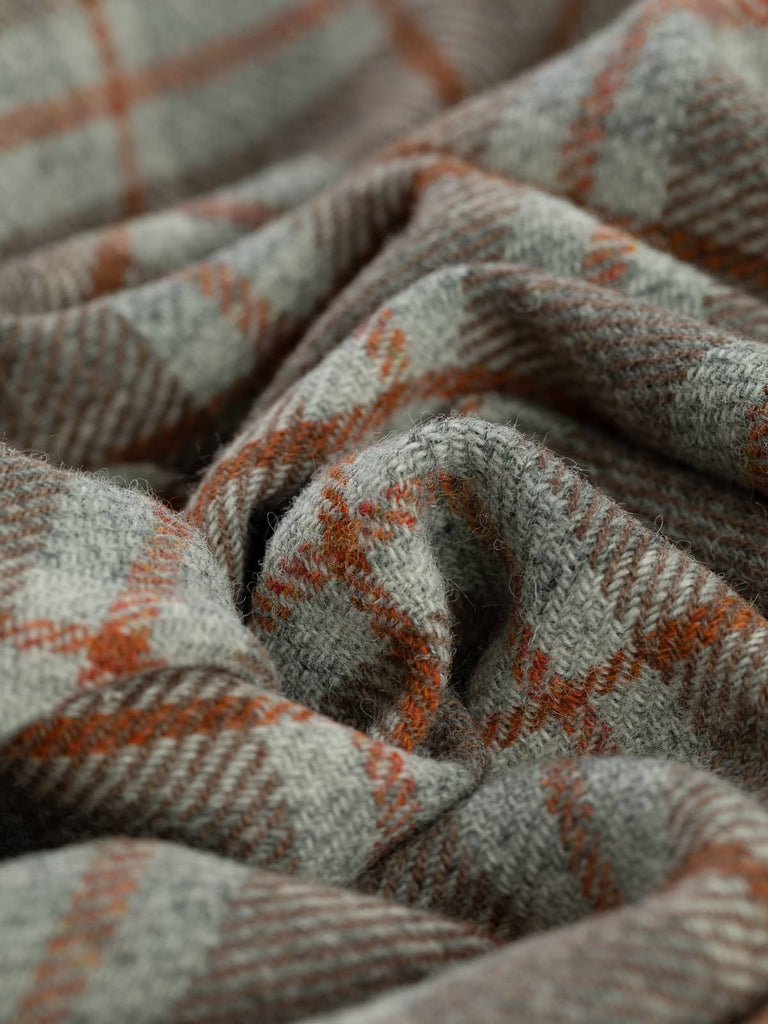 Twist of Autumn View Yorkshire Windowpane Check, 100% wool, 154cm wide, showing marled grey base with rustic brown melange and warm Cedarwood overcheck lines