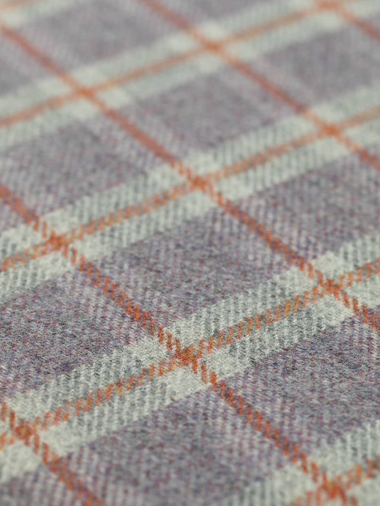 Angled flat view of Heather View Heritage Check, medium-weight wool with 5cm x 6cm repeat, highlighting delicate heather melange tones, marled grey foundation, and structured Cedarwood overcheck lines