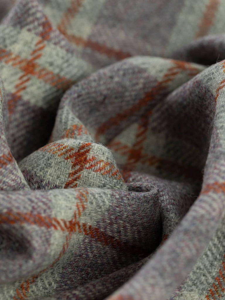 Twist of Heather View Yorkshire Windowpane Check, 100% wool, 154cm wide, showing marled grey base with soft heather-toned purples, muted pinks, and dusty lilacs, overlaid with warm Cedarwood windowpane lines