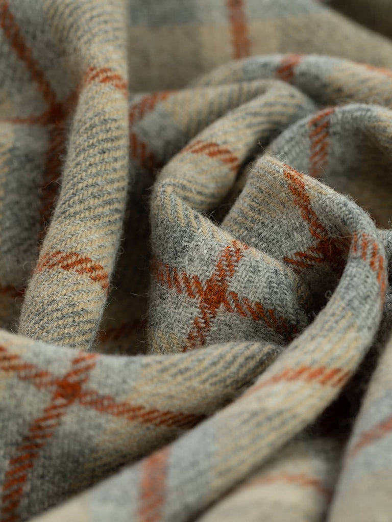 Twist of Dune View Yorkshire Windowpane Check, 100% wool, 154cm wide, showing marled grey base with golden sand melange and warm Cedarwood overcheck lines