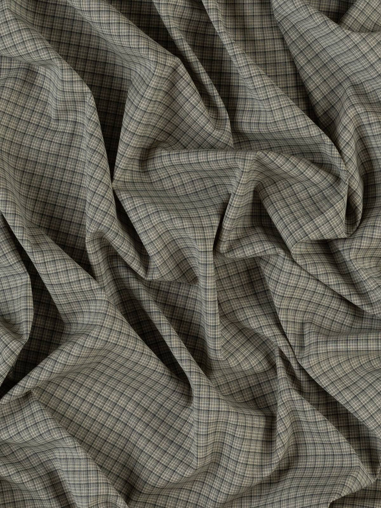 Folded view of Stretch Wool Worsted in Iced Latte Chequerboard, highlighting the soft taupe beige and smoke-grey tones. The fine, flat chequerboard weave gives the fabric a sophisticated look. Light in weight, with a slight stretch due to added elastane, this fabric offers a luxurious drape and crease resistance, making it perfect for chic suiting and less-tailored silhouettes.