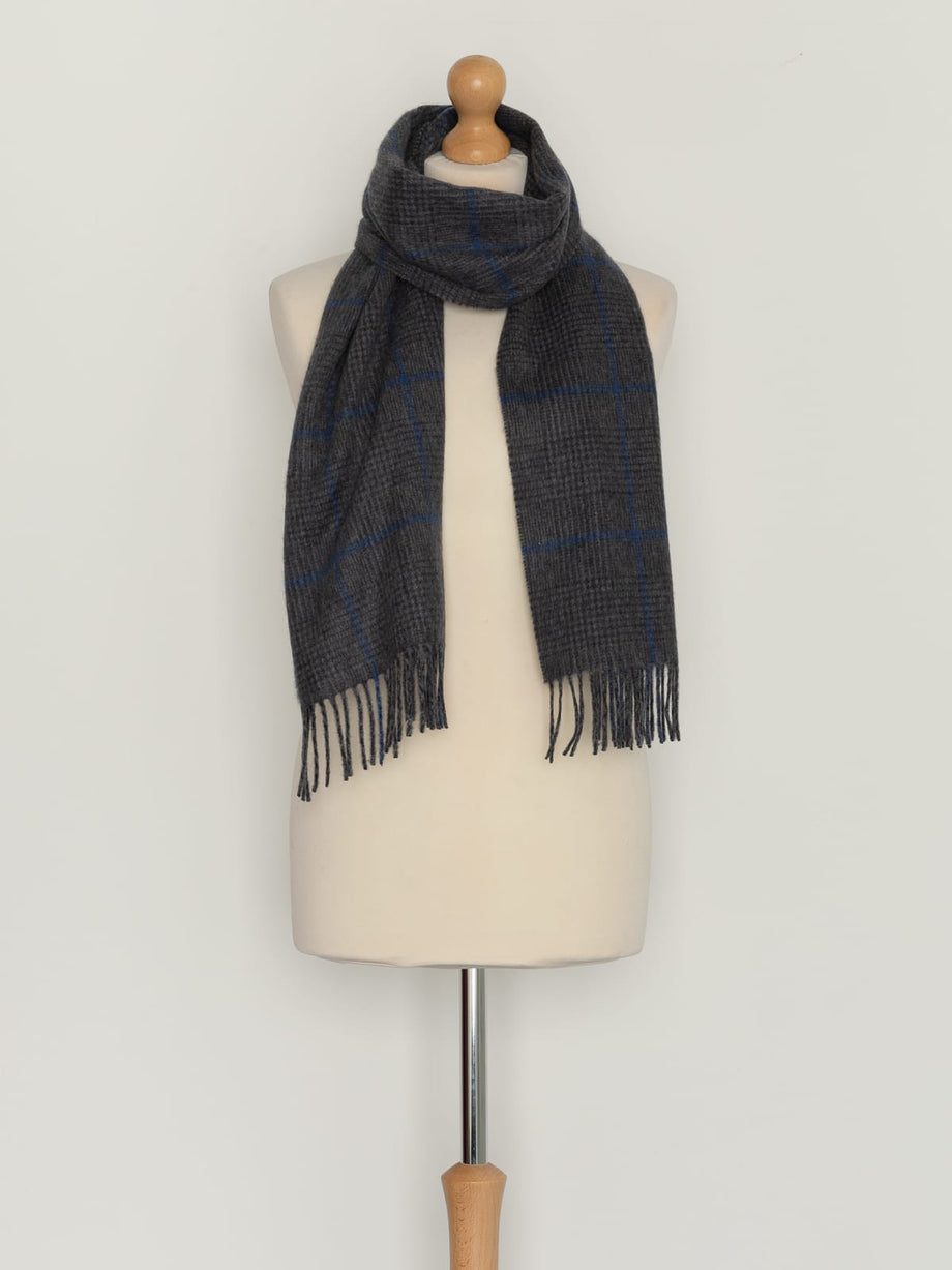 Grid Check Grey Blue Horizon - Medium Cashmere Scarf – Fabworks Online