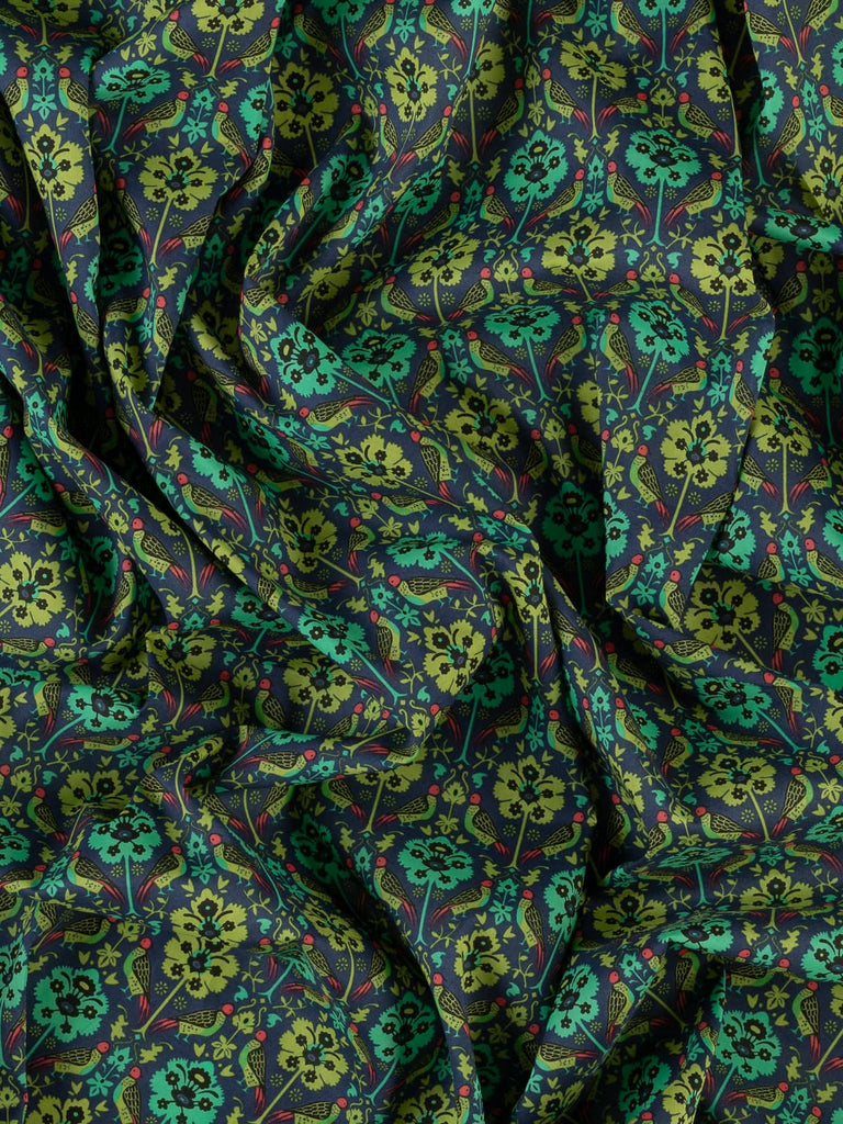 Green and blue liberty style fabric for dressmaking