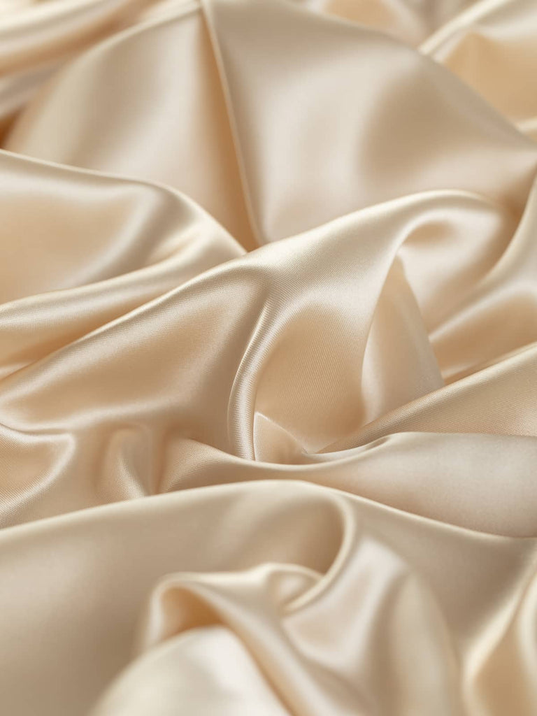 Light but strong acetate lining fabric, 140cm wide, in a solid fine satin weave, featuring a warm ivory color akin to silken toasted meringue peaks, ideal for classic tailoring and sophisticated occasion wear.