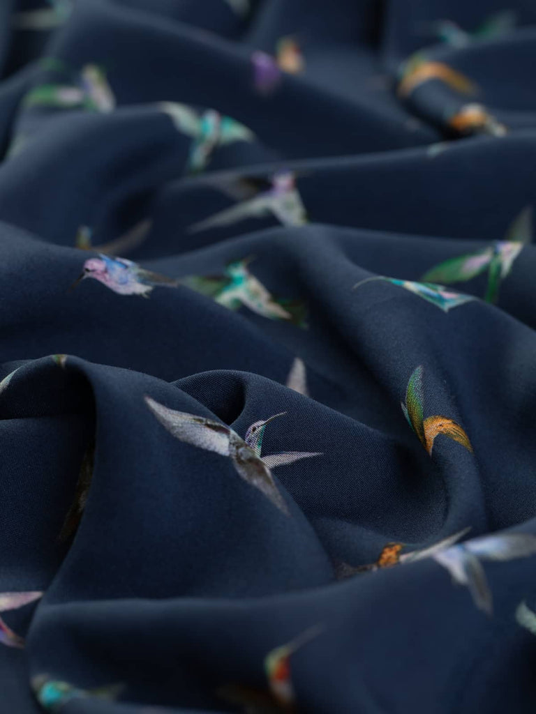 Multicoloured hummingbirds on breathable visocse lawn fabric for dresses 