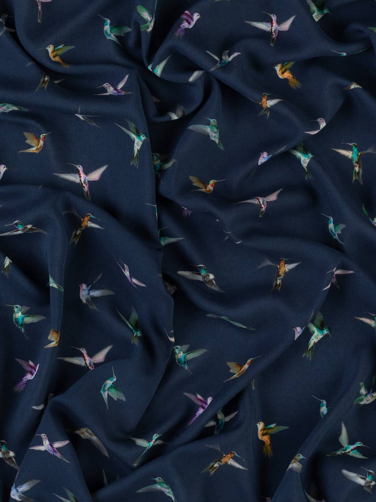 Buy Navy viscose lawn fabric with birds printed 