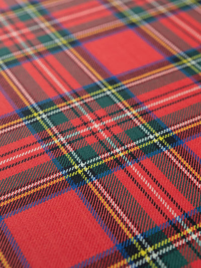 Flat angle highlighting the classic Royal Stewart sett, with balanced red fields, yellow accents and clean white lines defining its geometry.