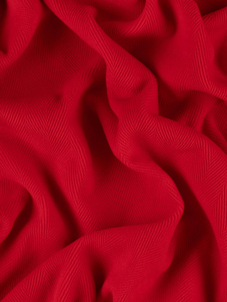 Image of a luxurious 100% wool fabric in a vibrant scarlet hue, showcasing 6cm jumbo chevrons. The dense, felted texture makes it perfect for creating durable jackets, duffle coats, or historical reenactment costumes.