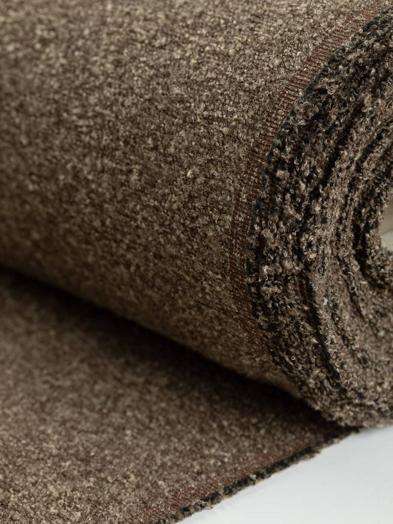 Heavyweight boucle fabric for furnishing & upholstery. Marled multi brown woody chocolate cocoa colourway. Available to buy for home furnishing projects.