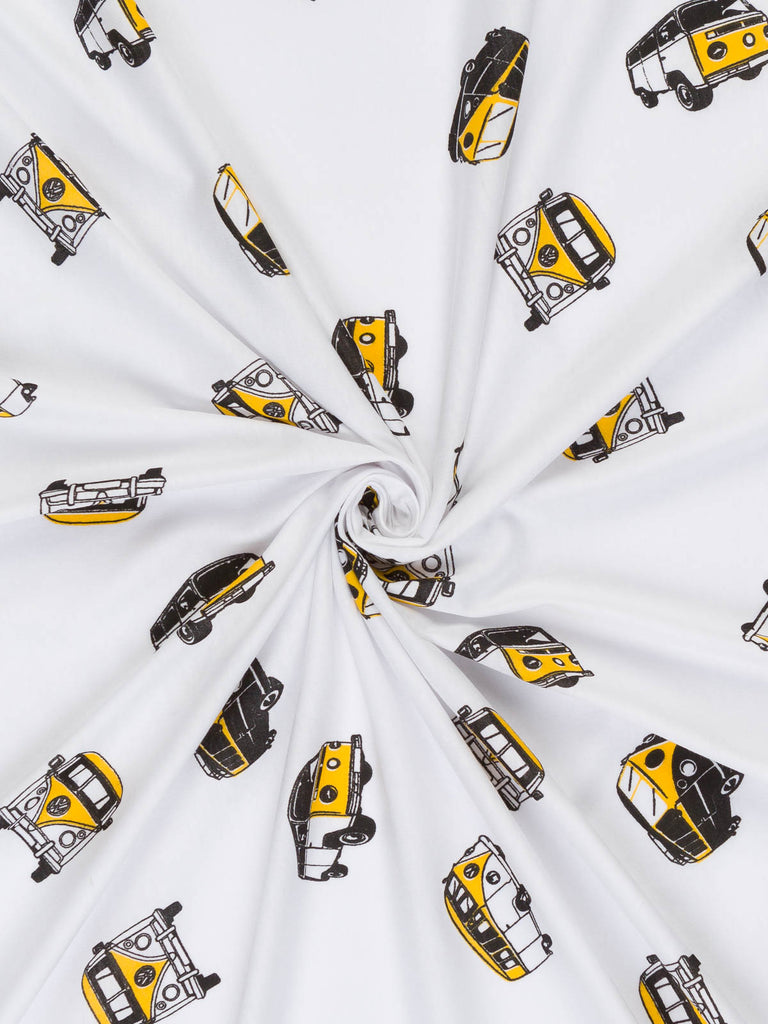 Yellow Retro Campers - White Single Jersey - Fabworks Online